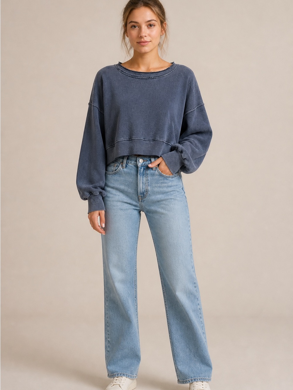Free People Cropped Washed Navy Crewneck Sweatshirt